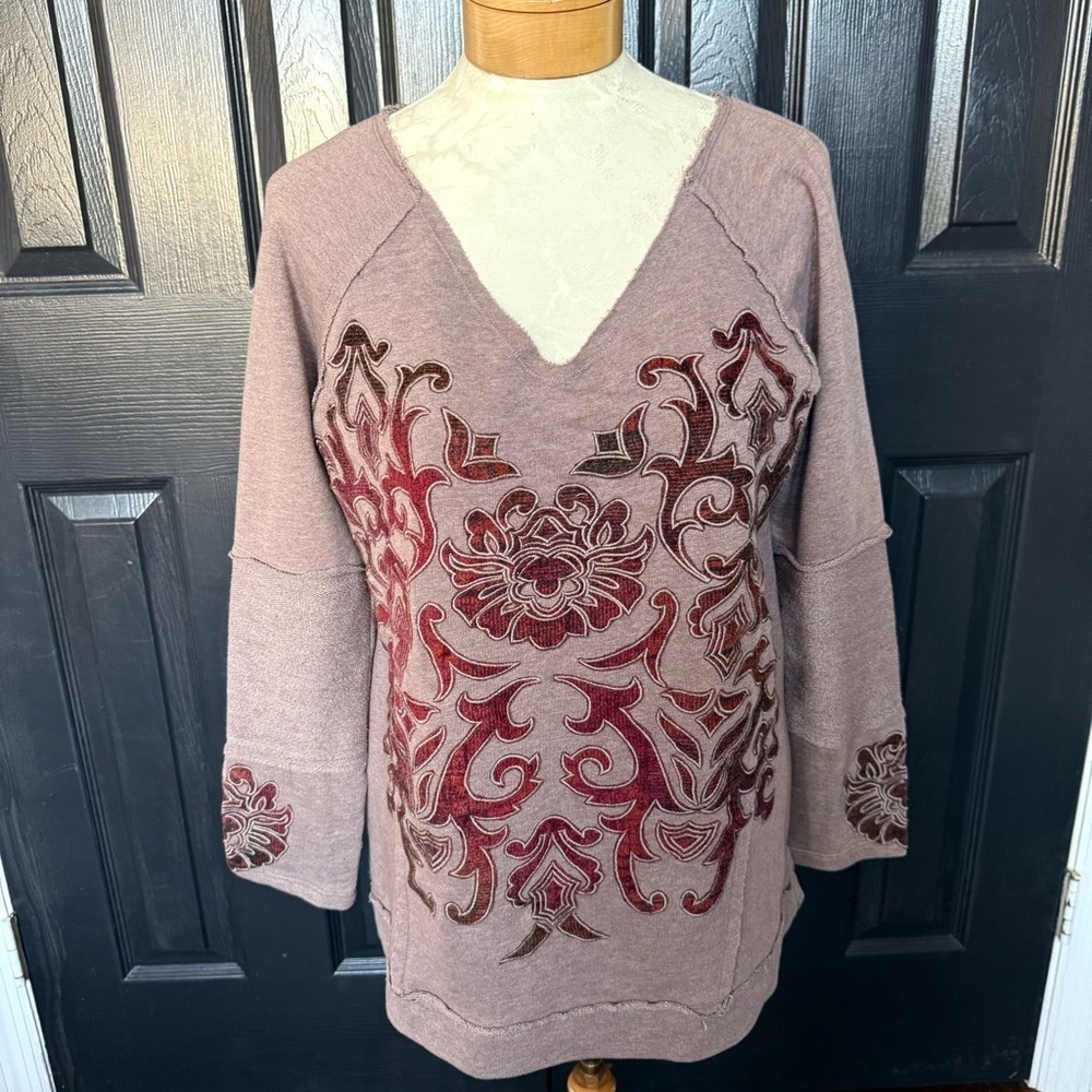 Soft Surroundings‎ Sweater Appliqué Womens Maroon Fleece Pullover L - Picture 2 of 9